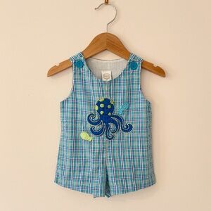 VINTAGE EUC Boys Plaid Octopus Embroidered Appliqué Summer Jon Jon